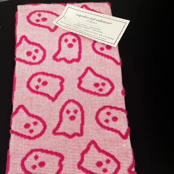 Cupcakes & Cashmere Pink Ghost Halloween Dish Towel Set of 2 NWT - Picture 2 of 5
